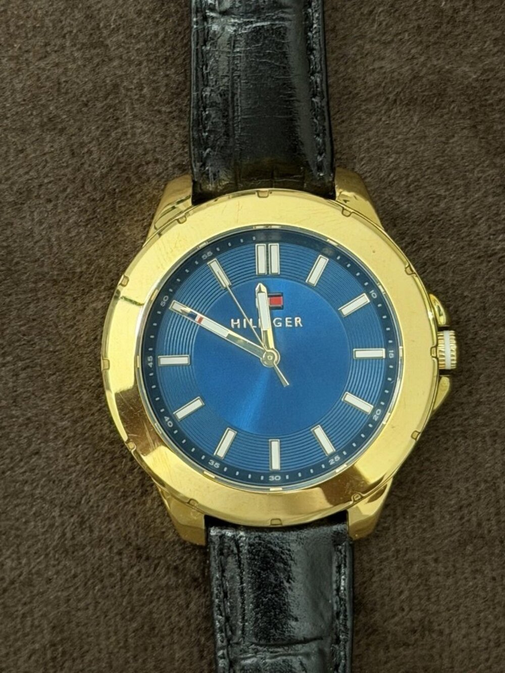 Tommy Hilfiger Quartz Analog Watch Blue Dial Gold Tone Case Black Leather Strap